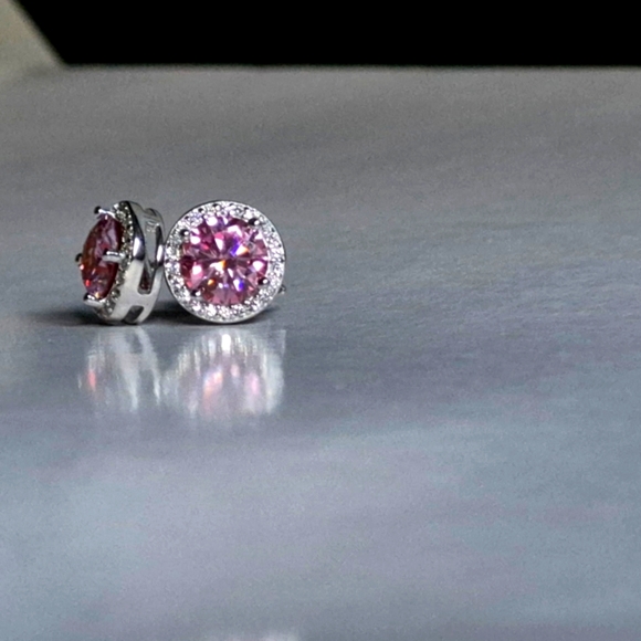 Genuine Pink Diamond Moissanite Halo Stud Earrings | 925 Sterling Silver - Picture 8 of 8